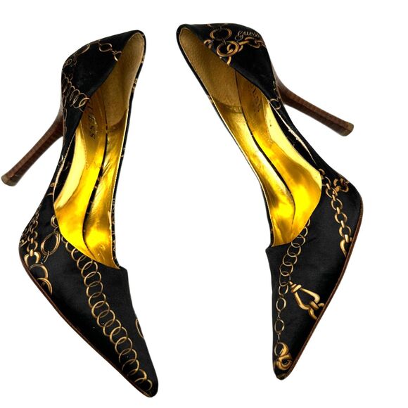 Guess by Marciano Fabric Pointed Toe Leather Sole Gold Chain Pumps - Women 8 - Picture 8 of 9